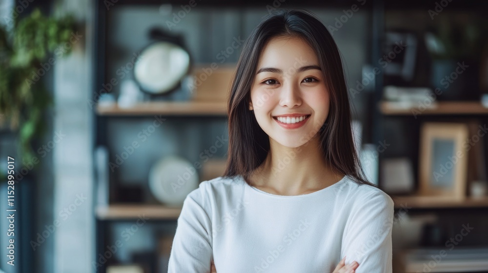 Close up of a smiling happy young Asian businesswoman standing in the office, copy space background. Ai generated image Close up of a smiling happy young Asian businesswoman standing in the office, copy space background. Ai generated image