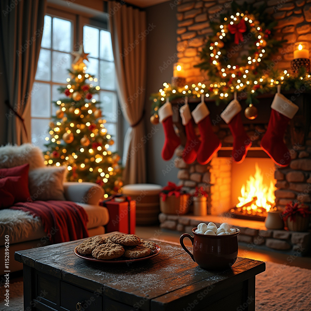 Christmas tree with garlands near the fireplace in the house. Christmas night Christmas tree with garlands near the fireplace in the house. Christmas night