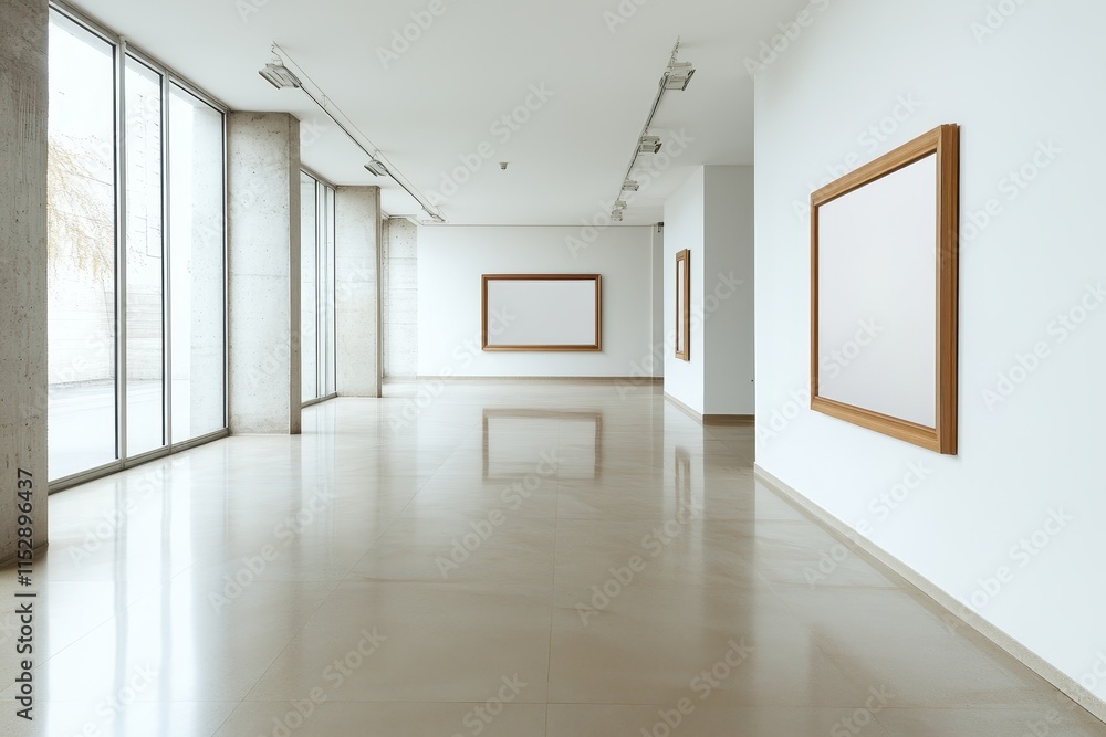 Empty modern art gallery with blank frames and large windows. Empty modern art gallery with blank frames and large windows.