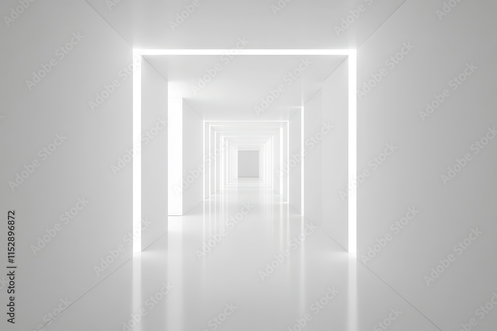 Bright white hallway with glowing edges, vanishing point perspective. Bright white hallway with glowing edges, vanishing point perspective.