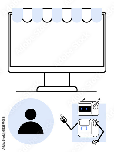 Computer monitor with storefront awning silhouette of user, robot assistant. Ideal for online shopping, AI support, customer service, e-commerce, digital retail, automation, tech UI. Line metaphor