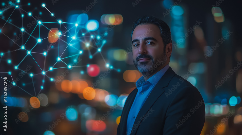 Abstract businessman stands on the peak of success Smart digital city with connection cyber security network reciprocity over the cityscape future wireless digital city and social media networking Abstract businessman stands on the peak of success Smart digital city with connection cyber security network reciprocity over the cityscape future wireless digital city and social media networking