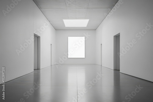 Minimalist white gallery interior with blank canvas and doors.