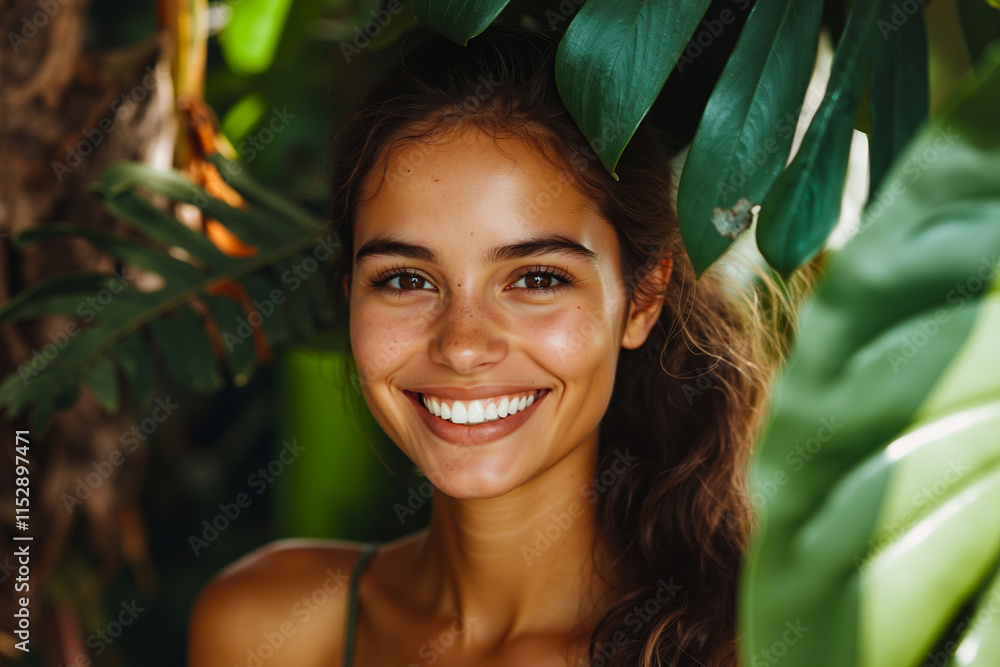 A smiling woman with long brown hair and a green leafy background A smiling woman with long brown hair and a green leafy background
