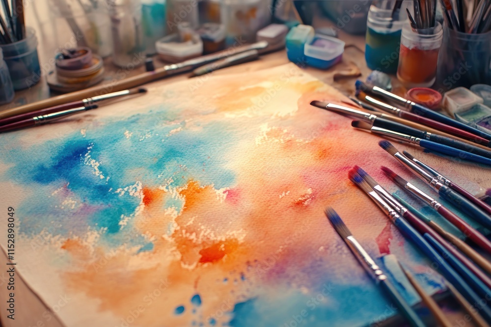 Obraz premium Watercolor painting with brushes on artist’s table