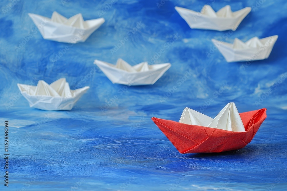 Red paper boat leads a fleet of white boats on a blue ocean. Red paper boat leads a fleet of white boats on a blue ocean.
