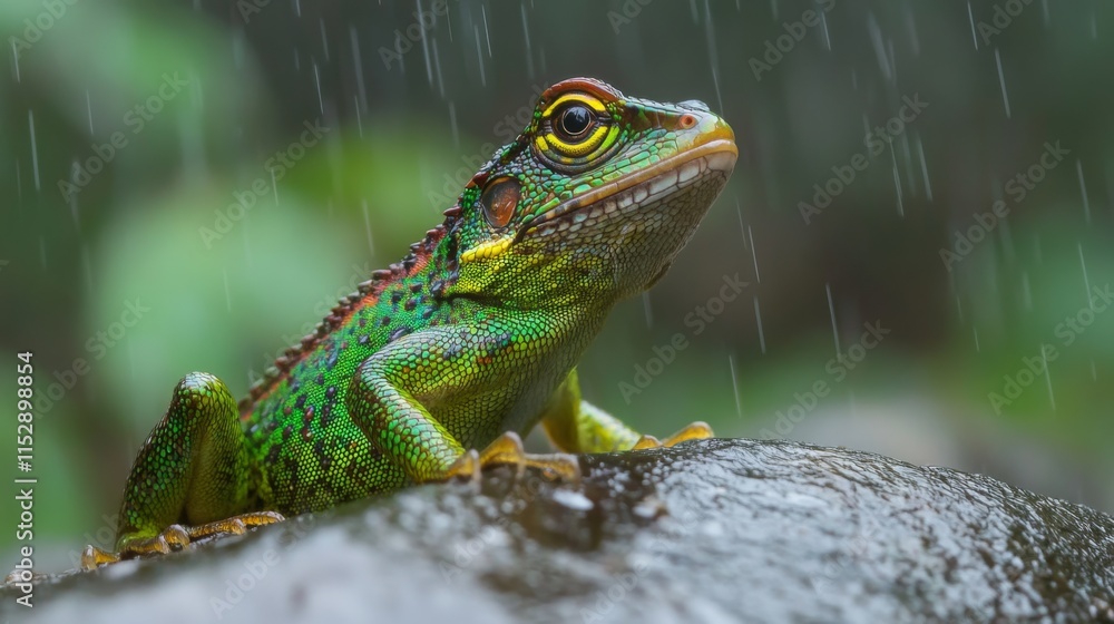 Colorful Green Frog Perched on Stone in the Rain with Vibrant Details Capturing the Beauty of Nature and Wildlife in a Forest Environment Colorful Green Frog Perched on Stone in the Rain with Vibrant Details Capturing the Beauty of Nature and Wildlife in a Forest Environment