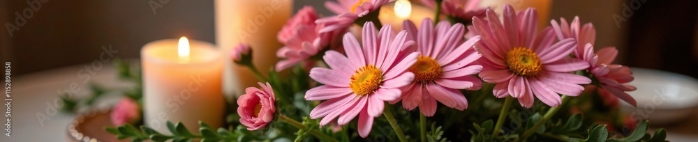 Pink daisy centerpiece with candles and greenery, warm, romantic, cozy Pink daisy centerpiece with candles and greenery, warm, romantic, cozy
