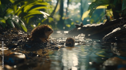 Cute Little Hedgehogs Playing Near a Tranquil Stream Surrounded by Lush Greenery and Sunlight Filtering Through Dense Foliage in a Vibrant Forest Scene