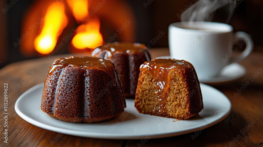 Delicious warm desserts with caramel glaze served on a plate alongside a steaming cup of coffee by a cozy fireplace setting for a comforting atmosphere Delicious warm desserts with caramel glaze served on a plate alongside a steaming cup of coffee by a cozy fireplace setting for a comforting atmosphere
