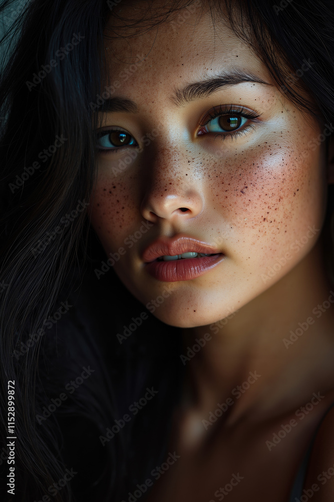 A woman with freckles on her face looking at the camera A woman with freckles on her face looking at the camera
