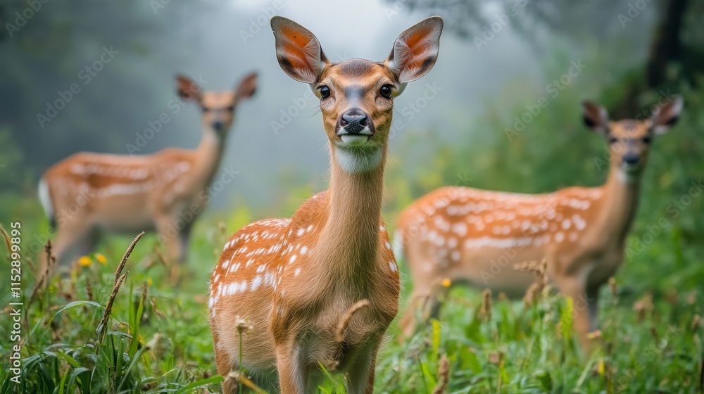 Graceful Fawns in a Misty Meadow Captured in Nature, Showcasing Playful Interactions and Natural Beauty Amidst Lush Greenery and Soft Fog Graceful Fawns in a Misty Meadow Captured in Nature, Showcasing Playful Interactions and Natural Beauty Amidst Lush Greenery and Soft Fog