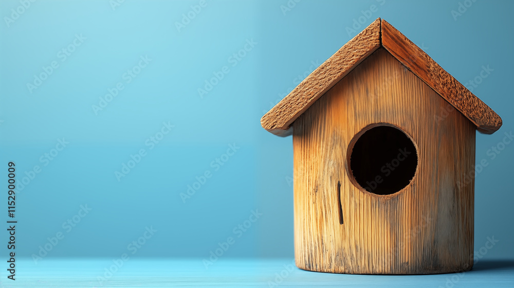 Wooden Birdhouse Design with Natural Texture on Blue Background for Garden Decoration Wooden Birdhouse Design with Natural Texture on Blue Background for Garden Decoration