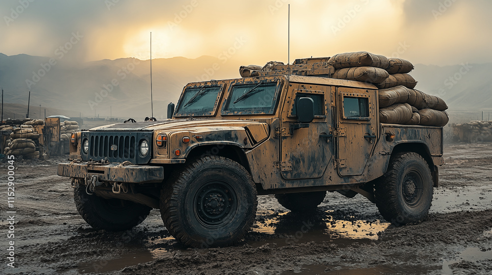 Military Humvee Vehicle Stationed in Desert Combat Zone at Sunset for Tactical Operations Military Humvee Vehicle Stationed in Desert Combat Zone at Sunset for Tactical Operations