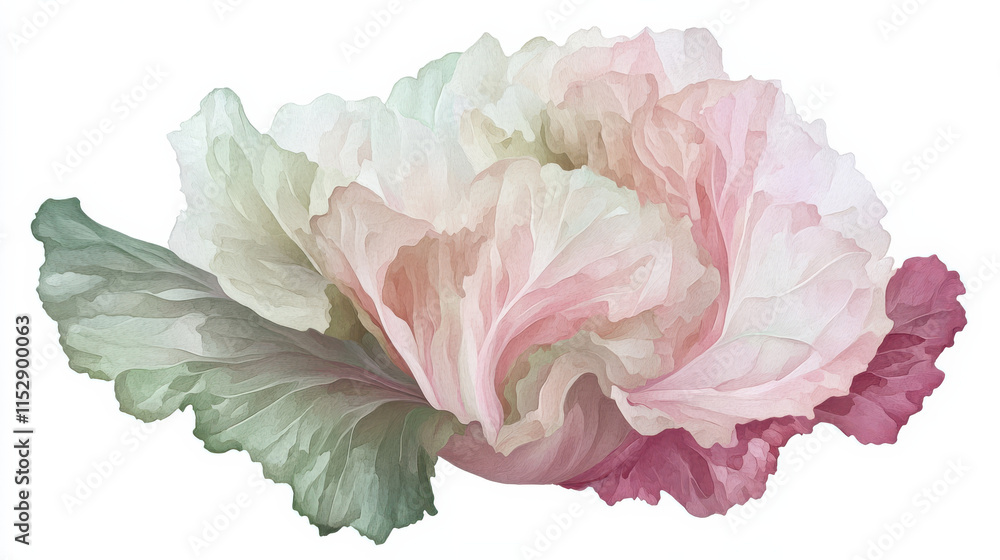 an abstract artistic representation of a cabbage slice, pastel pinks and mint greens with soft gradient transitions, delicate painterly textures and organic brush strokes, isolated against a pure whit an abstract artistic representation of a cabbage slice, pastel pinks and mint greens with soft gradient transitions, delicate painterly textures and organic brush strokes, isolated against a pure whit