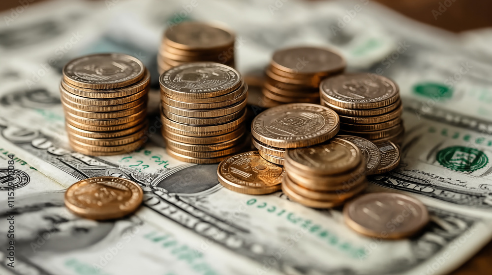 Stacked Dollar Coins on Currency Notes for Financial Investment Concept Stacked Dollar Coins on Currency Notes for Financial Investment Concept