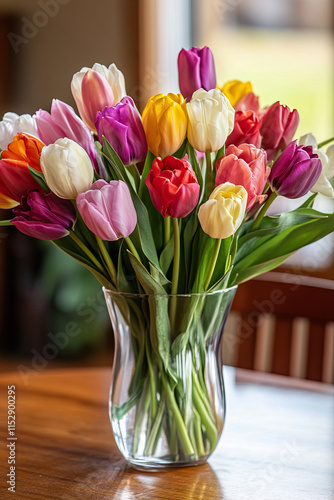 Wallpaper Mural Bouquet of assorted tulips in various colors, arranged in a glass vase on a wooden table Torontodigital.ca