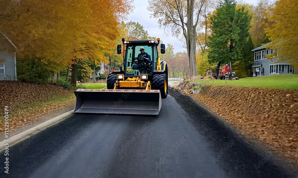 A road grader working on a freshly laid gravel road surrounded by autumn trees. A road grader working on a freshly laid gravel road surrounded by autumn trees.