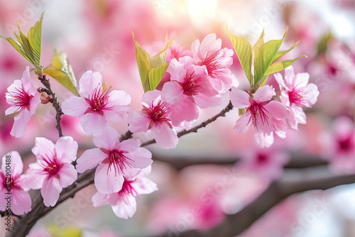 Pink cherry blossoms in full bloom on tree branches during springtime photo