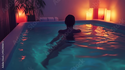 Woman Relaxing in a Serene Evening Floatation Pool