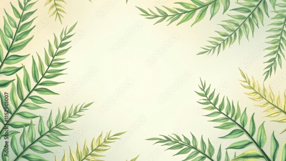 Gradient green fronds with golden touches on a textured cream background. Elegant and harmonious design for eco-luxury products or digital art. Gradient green fronds with golden touches on a textured cream background. Elegant and harmonious design for eco-luxury products or digital art.