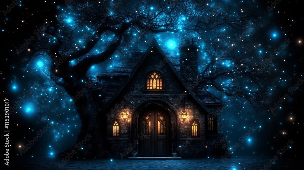 Fototapeta premium Enchanting Stone Cottage Under Starlit Night Sky