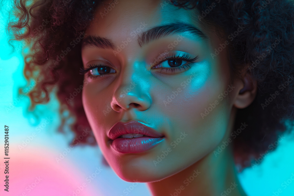 A woman with curly hair and blue eyes in a neon light A woman with curly hair and blue eyes in a neon light