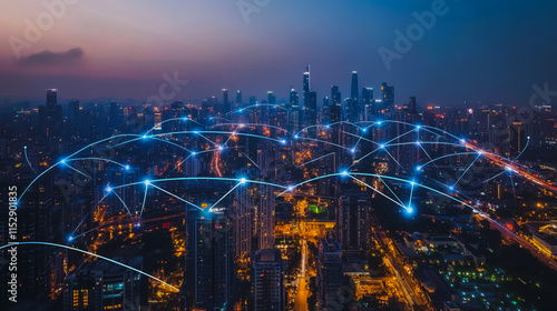 Wallpaper Mural Abstract businesswoman stands on the peak of success Smart digital city with connection cyber security network reciprocity over the cityscape future wireless digital city and social media networking Torontodigital.ca