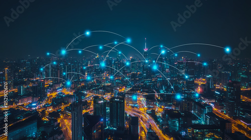 Abstract businesswoman stands on the peak of success Smart digital city with connection cyber security network reciprocity over the cityscape future wireless digital city and social media networking