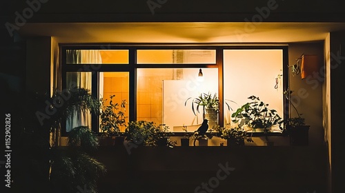 Night view of a lit apartment window with plants and a bird silhouette on the sill.