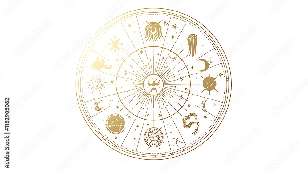 Fototapeta premium A gold and white circle with many symbols on it