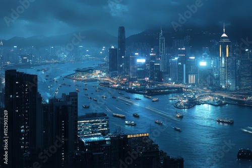 Night cityscape of Hong Kong with harbor and illuminated skyscrapers. photo