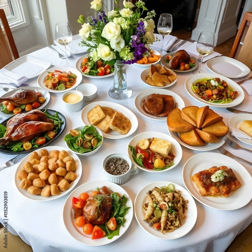 Elegant Dining Table with a Variety of Delicious Dishes and Floral Centerpiece Elegant Dining Table with a Variety of Delicious Dishes and Floral Centerpiece
