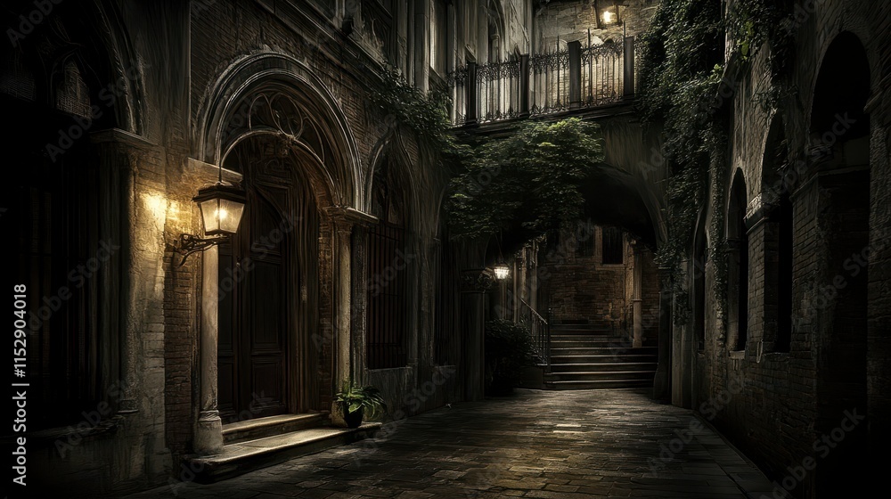 Dark, atmospheric alleyway with arched doorways, stone walls, and ambient lighting. Dark, atmospheric alleyway with arched doorways, stone walls, and ambient lighting.
