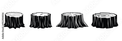 Wood tree stump cut down icon, silhouette, outline, vector, illustration, isolated on a white background