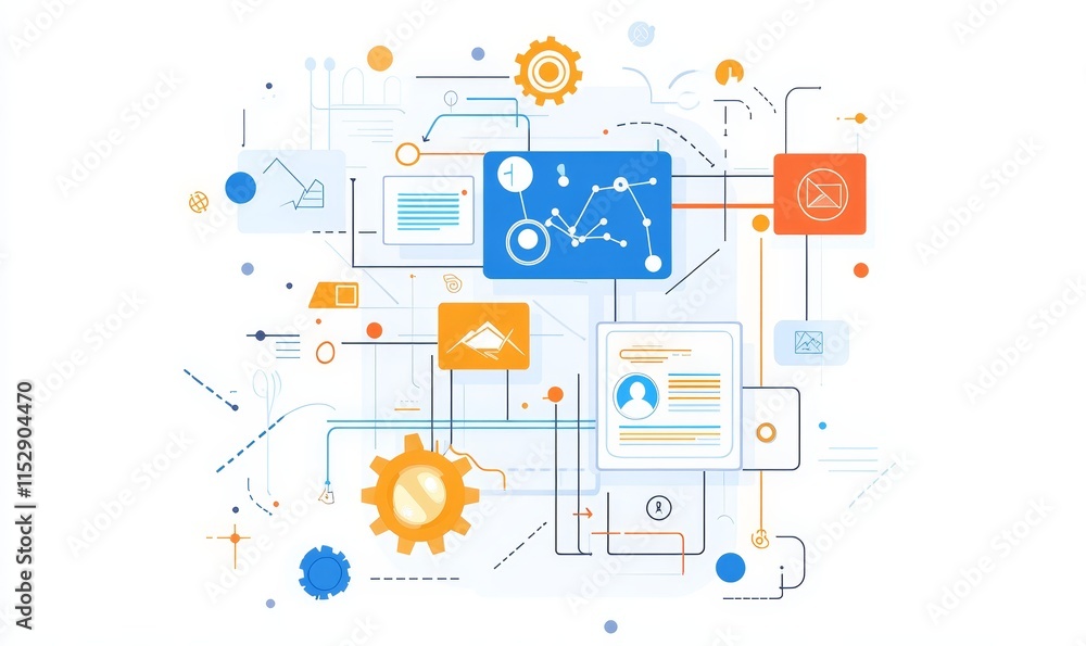 Abstract illustration of interconnected data, processes, and technology. Abstract illustration of interconnected data, processes, and technology.