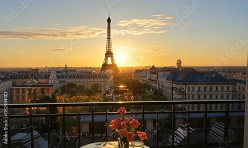Parisian Sunrise Romance:  A breathtaking view of the Eiffel Tower bathed in the golden light of sunrise, as seen from a romantic balcony with a vase of pink roses.