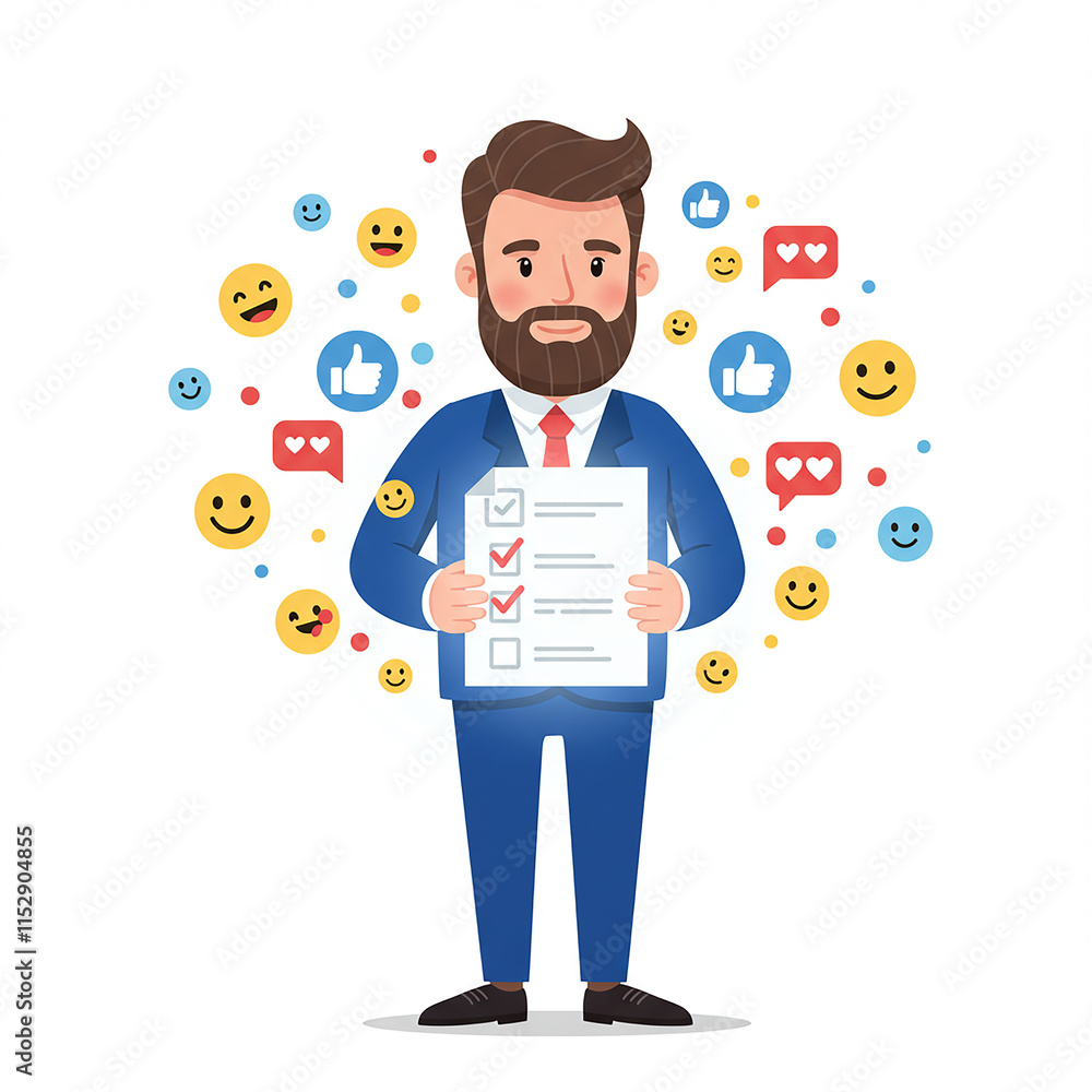 Happy Businessman Holding Checklist Positive Feedback Emojis Survey Results Success Goals Happy Businessman Holding Checklist Positive Feedback Emojis Survey Results Success Goals