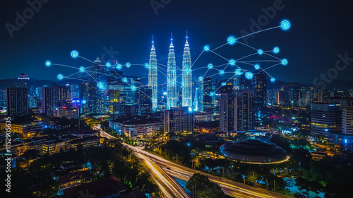 Wallpaper Mural Abstract businesswoman stands on the peak of success Smart digital city with connection cyber security network reciprocity over the cityscape future wireless digital city and social media networking Torontodigital.ca