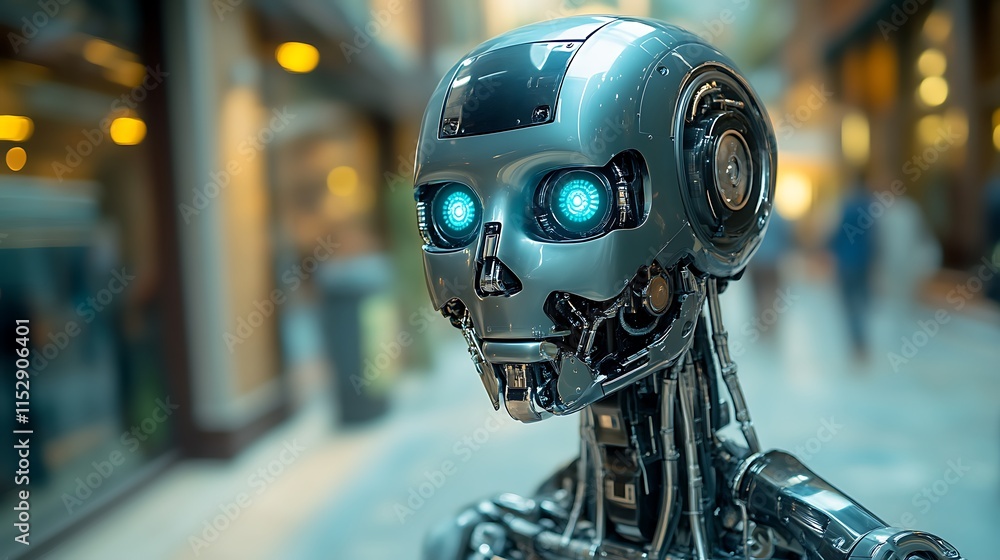 Close-up of a metallic humanoid robot's head with glowing blue eyes. Close-up of a metallic humanoid robot's head with glowing blue eyes.