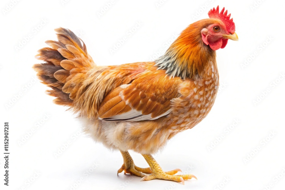 Fototapeta premium A small chicken with a red beak stands on a white background