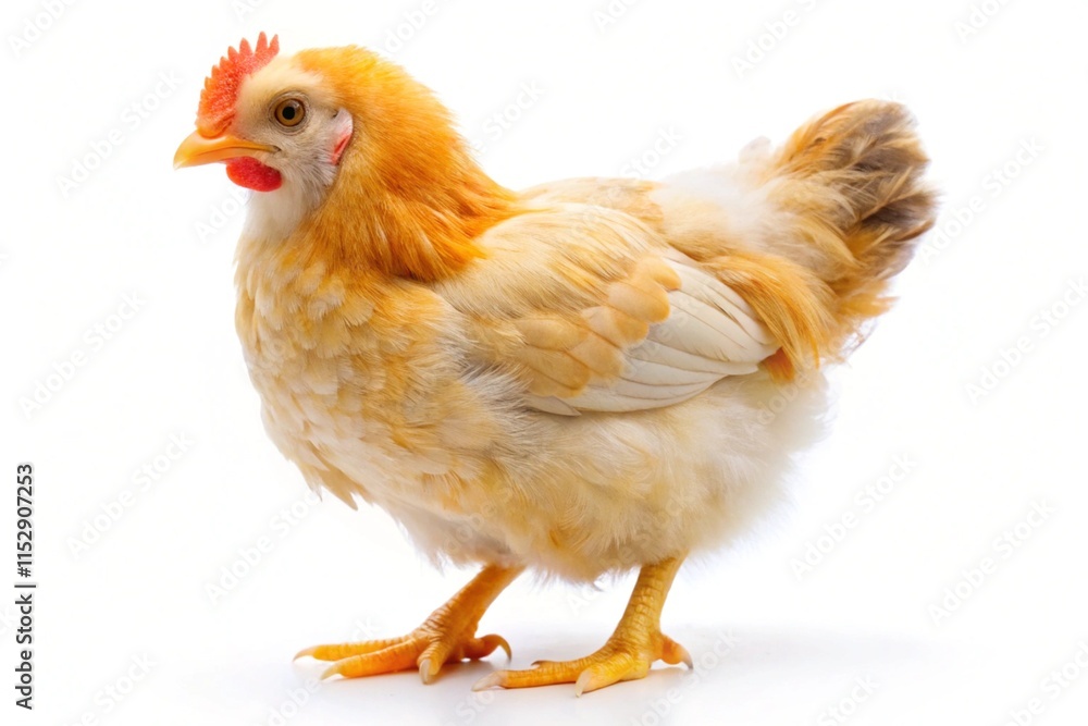 Fototapeta premium A small chicken with a red beak stands on a white background