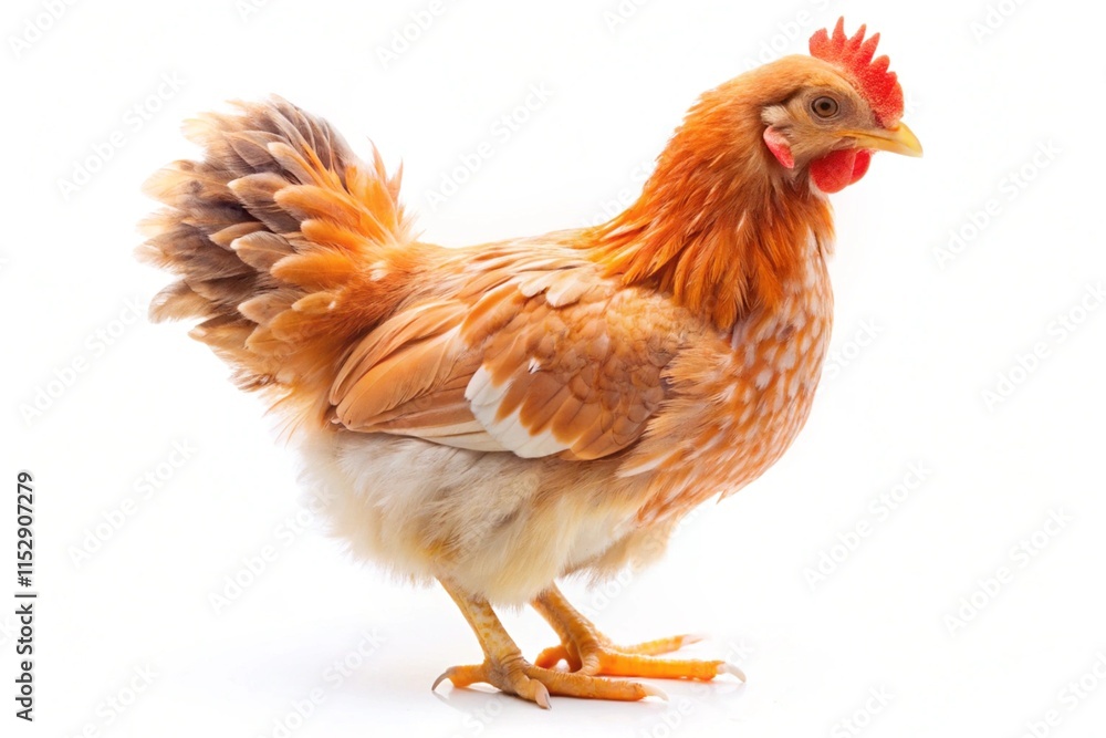 A small chicken with a red beak stands on a white background A small chicken with a red beak stands on a white background