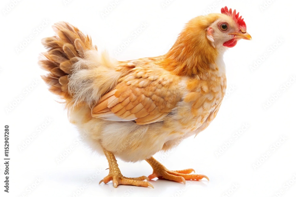 Fototapeta premium A small chicken with a red beak stands on a white background