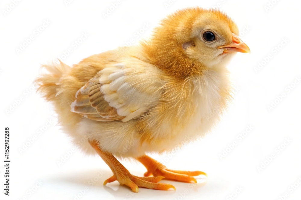 Fototapeta premium A small chicken with a red beak stands on a white background