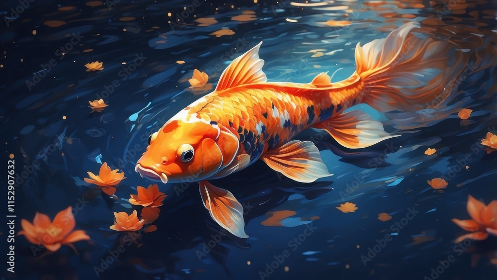 Create an amazing digital artwork with a hand that is half lighted and immersed in deep, sapphire-blue water. A bright orange koi fish with golden highlights flashing on its body and the water's surfa Create an amazing digital artwork with a hand that is half lighted and immersed in deep, sapphire-blue water. A bright orange koi fish with golden highlights flashing on its body and the water's surfa
