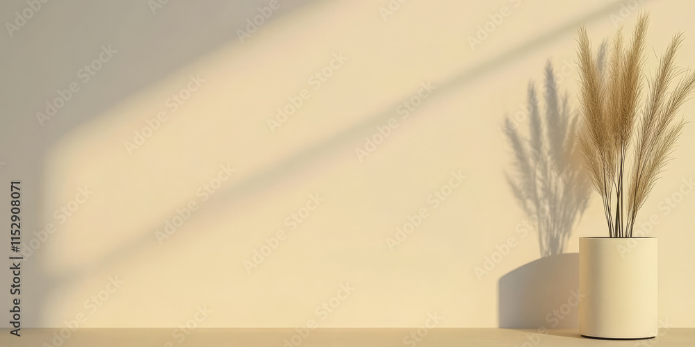 Soft sunlight illuminating a decorative vase with dried grass on a simple table Soft sunlight illuminating a decorative vase with dried grass on a simple table