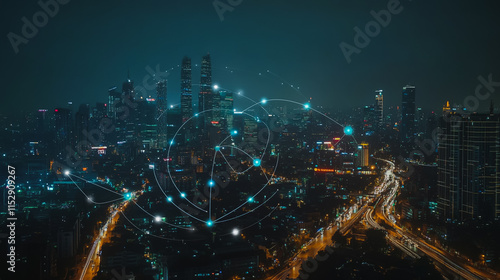 Wallpaper Mural Abstract businesswoman stands on the peak of success Smart digital city with connection cyber security network reciprocity over the cityscape future wireless digital city and social media networking Torontodigital.ca