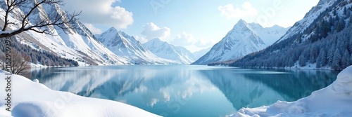 Snowy mountains with frozen lake in background, natural, branch