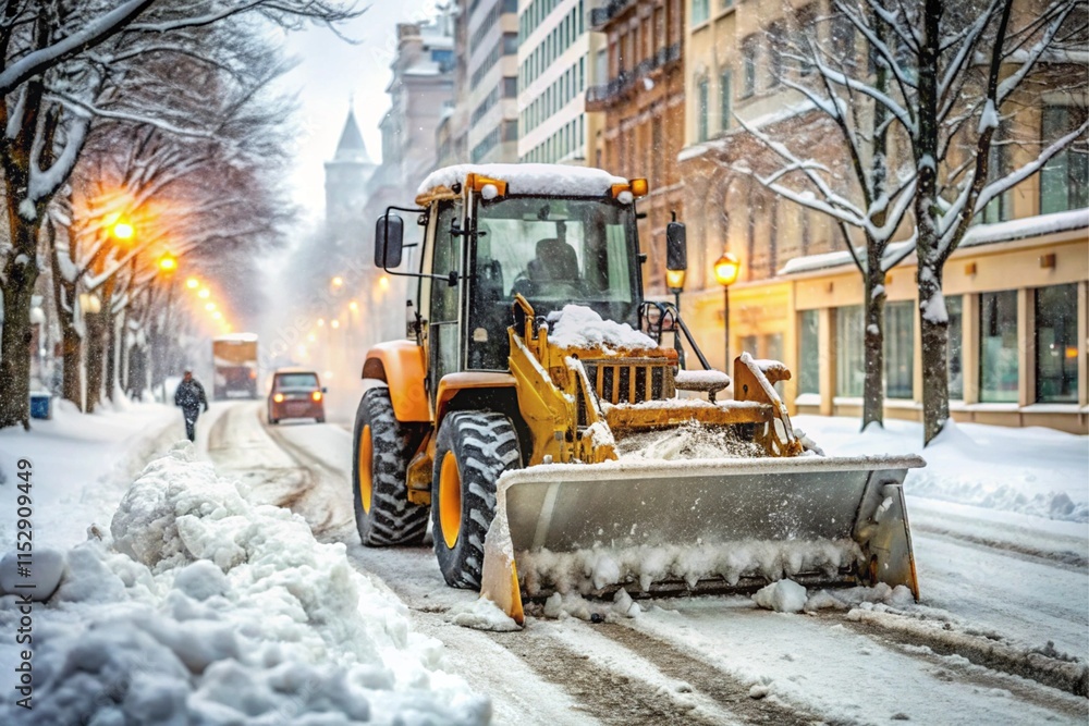 A snow plow is driving down a street in the snow A snow plow is driving down a street in the snow